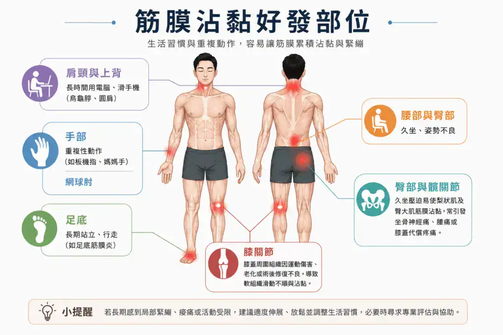 筋膜沾黏常見發部位人體示意圖